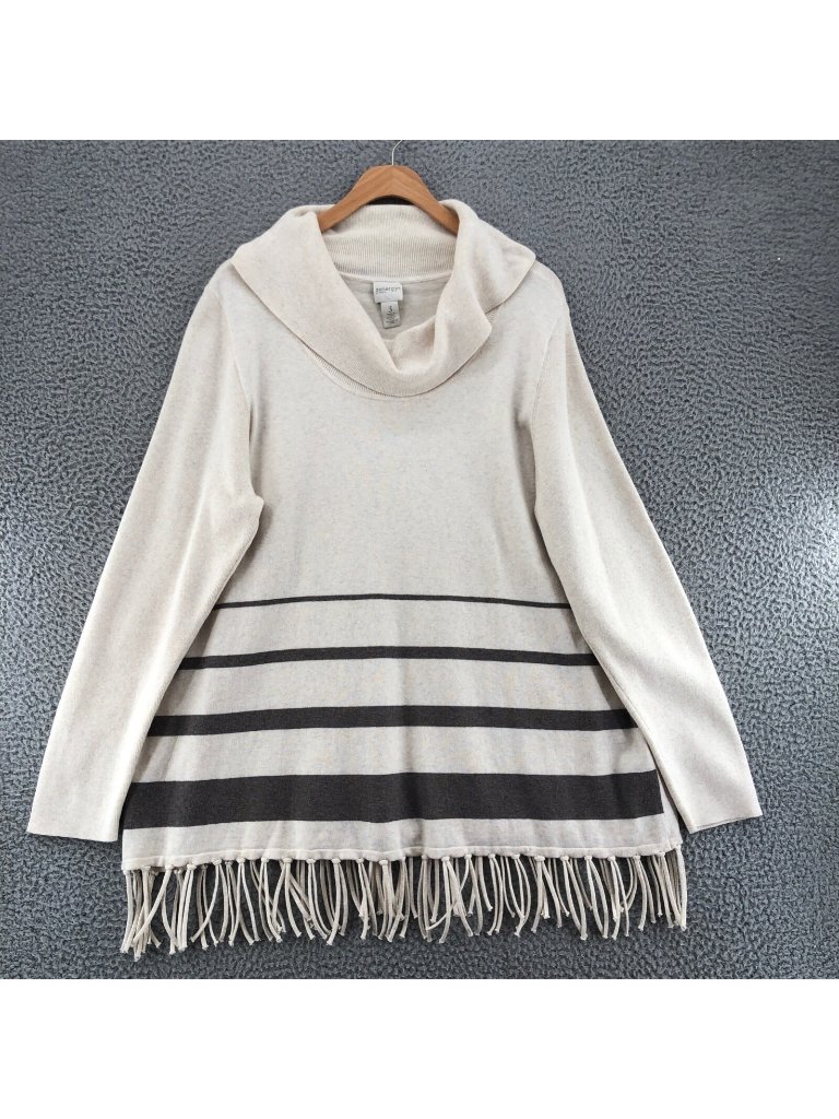 Chicos Sweater Womens 3 Us Extra Large Ivory Striped Zenergy Tassel Cowl Fringe